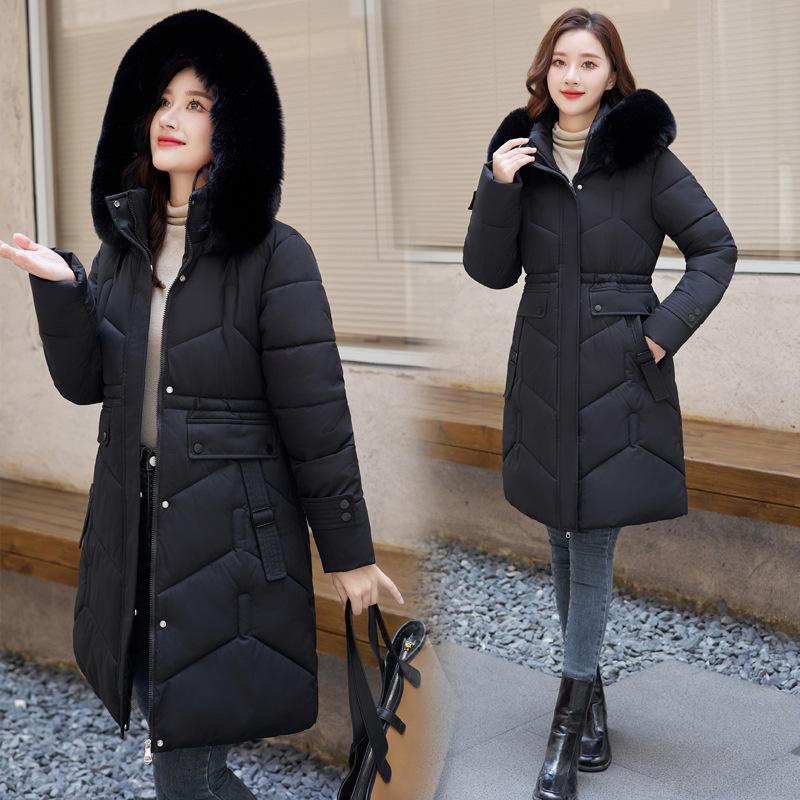 Damen mittellange und lange Baumwollkleidung mit Pelzkragen schlankes Temperament Winter neue Daunen-Baumwollpolsterkleidung warme Damenjacke