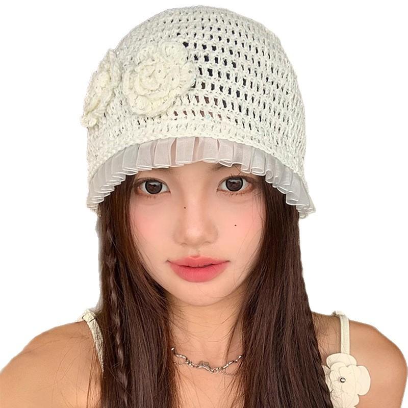 Korean Version of Mesh Three dimensional Flower Head Hat for Women In Summer Breathable and Fashionable Face showing Small Hat White Hollow Head Hat