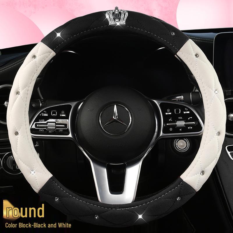 All-Season Suede Steering Wheel Cover with Rhinestones and Crown for Cars, Trucks & SUVs