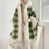 Womens Plaid Cape Coat With Faux Rabbit Fur Collar Thick Lined Batwing Sleeve Shawl Wrap Oversized Long Outerwear