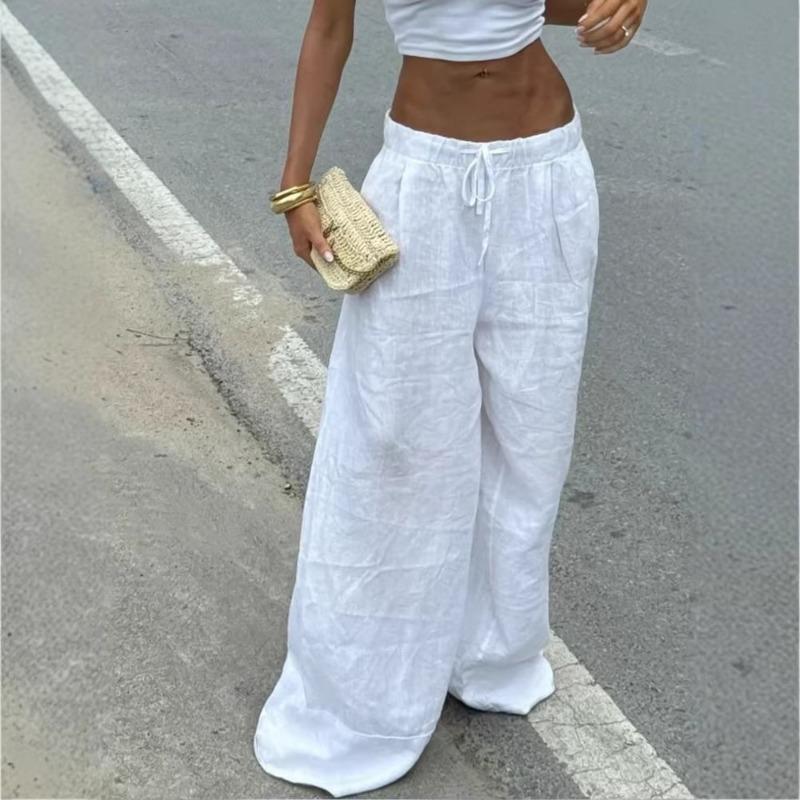 Women s White Linen-Look Drawstring Wide Leg Pants High Waist Loose-Fit Trousers S