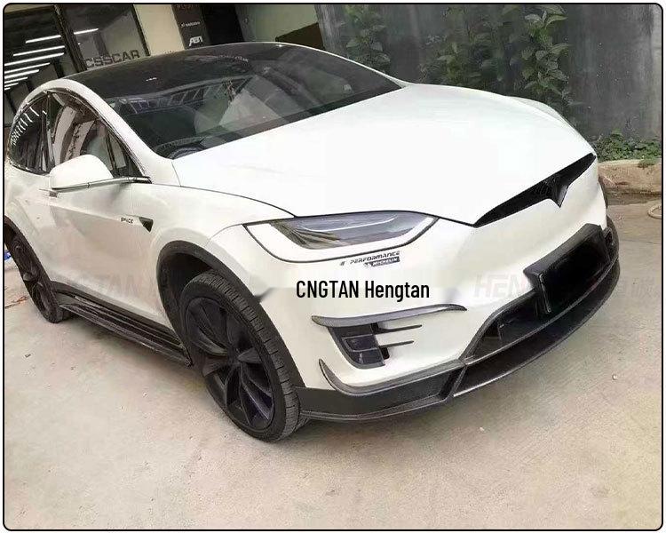 Tesla Model X RZ Carbon Fiber Body Kit: Front Lip, Modified Bumper, Rear Lip, Side Skirts.