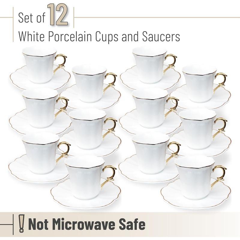 Espresso Cups and Saucers, 2.4 Oz, Set of 12, Gold Rim, Demitasse Espresso Cups, Porcelain Espresso Cups with Saucer