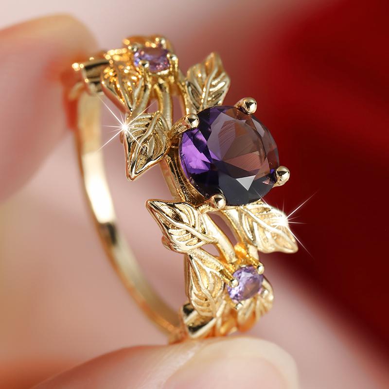 Vintage Inlaid Purple CZ Women's Ring Trendy Gold Color Hand Carving Leaf Daily Wear Party Jewelry Anniversary Gift