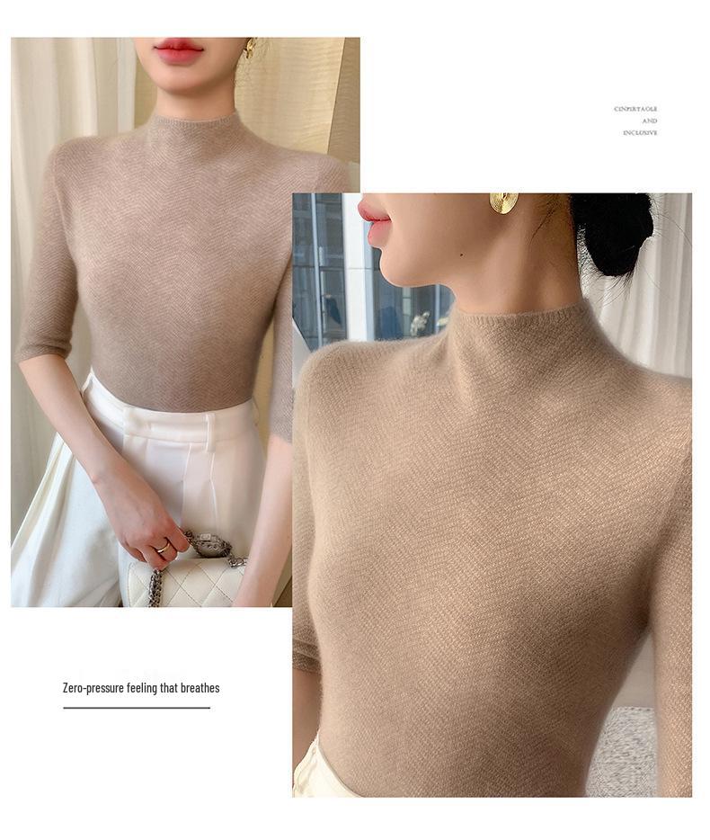 Women's Slim-Fit Knit Sweater: Half-High Neck, Mid-Sleeve, Versatile for Autumn & Winter.