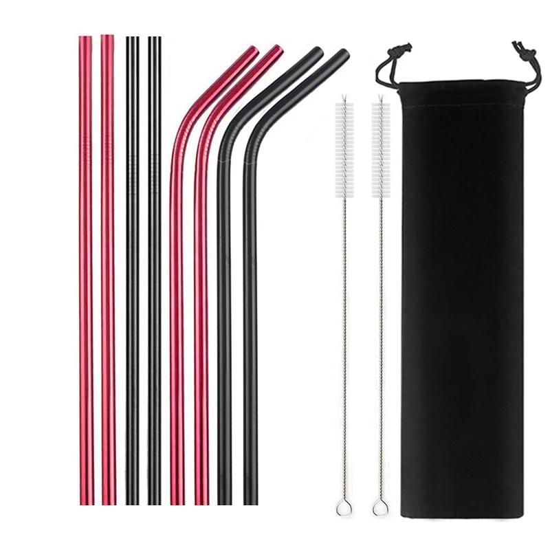 8 Pcs Metal Reusable 304 Stainless Steel Straws Straight Bent Drinking Straw with Bag Cleaning Brush Set Party Bar Accessory