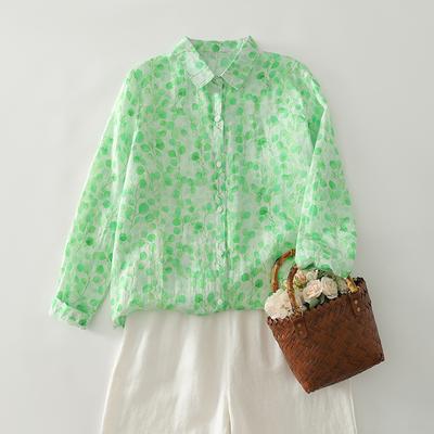 DIMANAF 2025 New Plus Size Women Tops Shirts Tees Green Casual Loose Blouse Autumn Print Cotton Long Sleeve