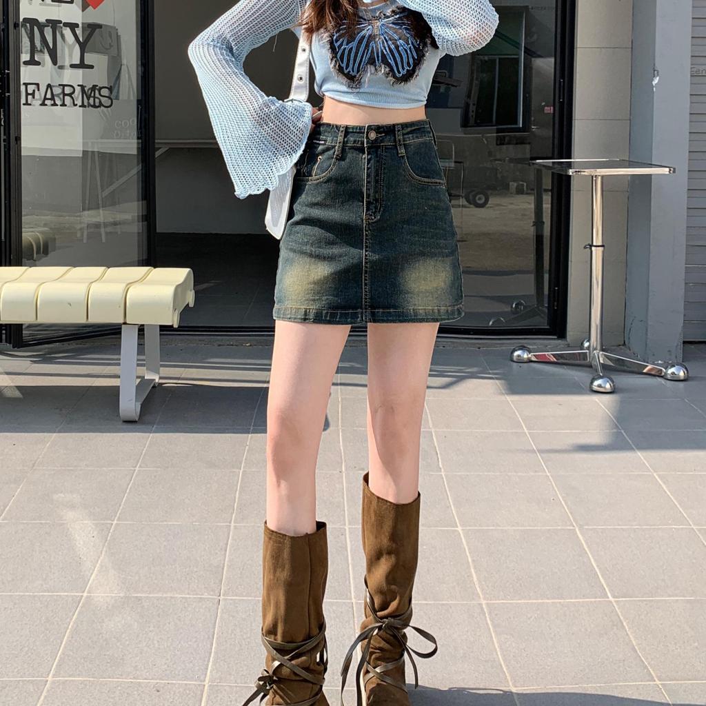 Women’s 2024 Spring High-Waisted Denim A-Line Mini Skirt, Anti-Exposure, Slimming, Hip-Hugging Design