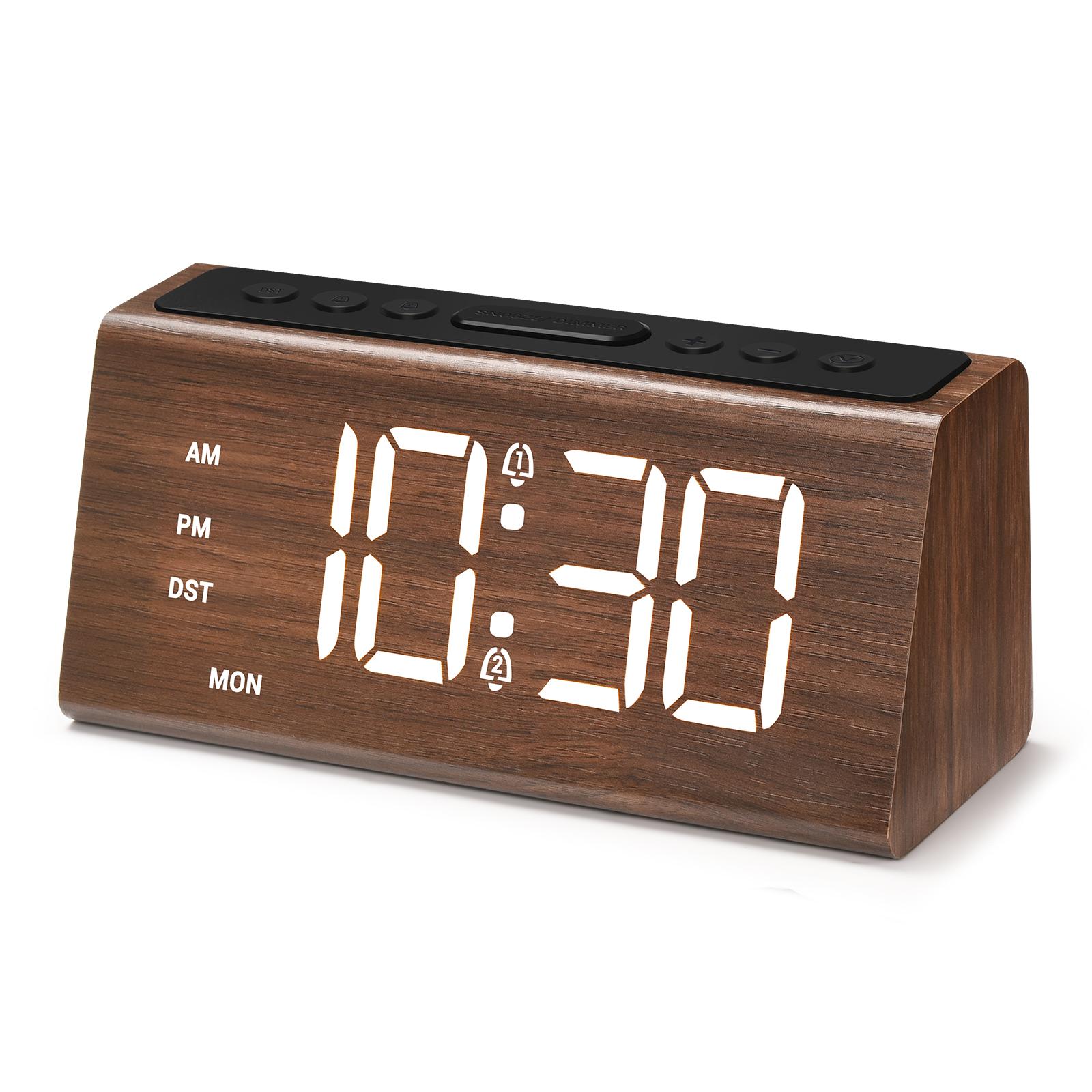 Large Digits 4-Level Dimmable Loud Alarm up to 95db Outlet Powered 5-minute Snooze User-Friendly Wooden Digital Alarm Clock (as the picture,16*7*6cm)