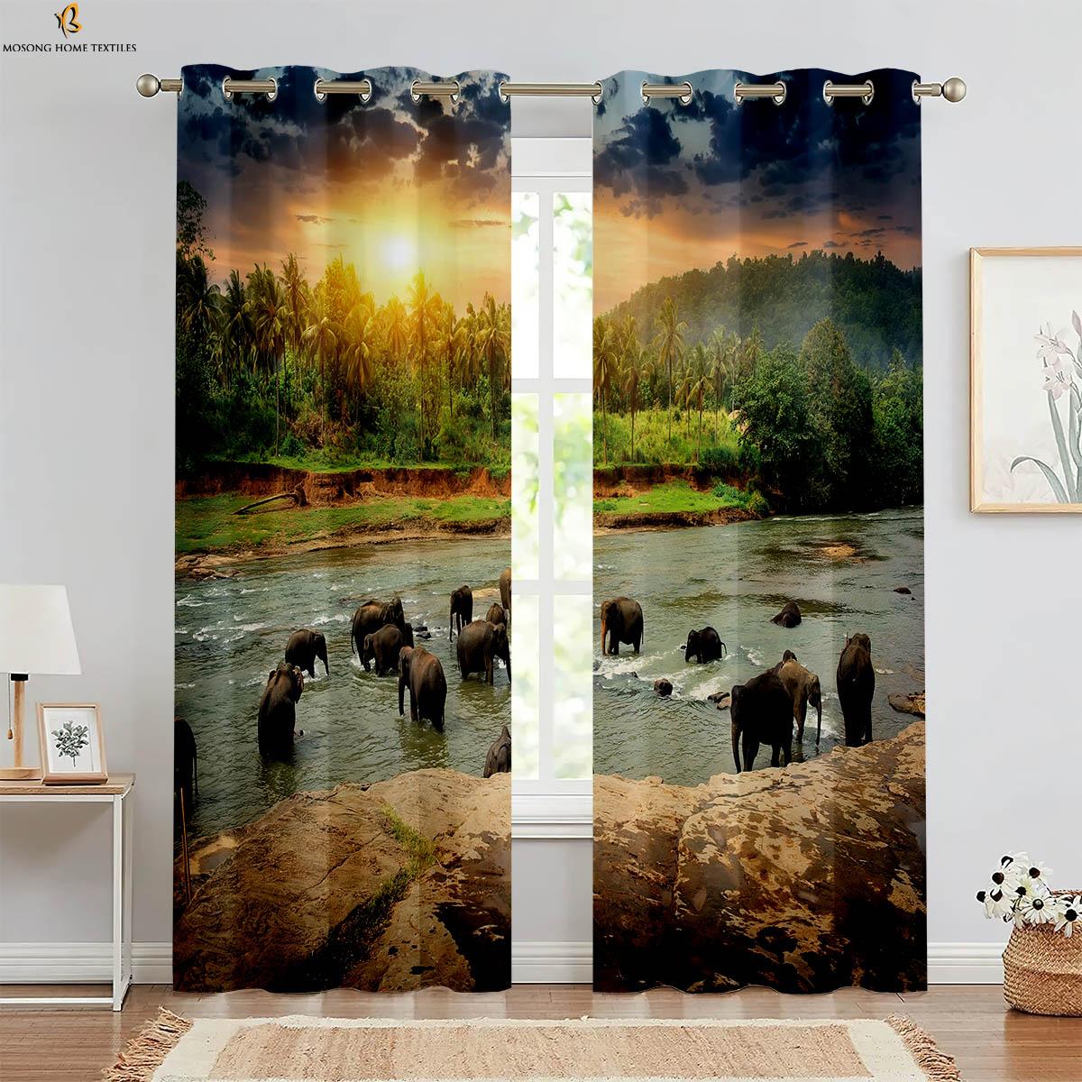 

Set Of 2 European Retro Elephant Pattern Printed Curtains Polyester Bedroom Living Room Kitchen Curtain Machine Washable Ideal For Great W100*H130(CM)-Hooks&2PCS