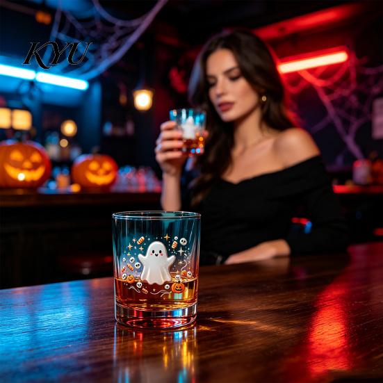 Spooky Pumpkin Party Cups Halloween Ghost Glass Cup, Colorful Gradient Aesthetic Tumbler with Decorative Holiday Drinkware Skull Print, Drinkware,