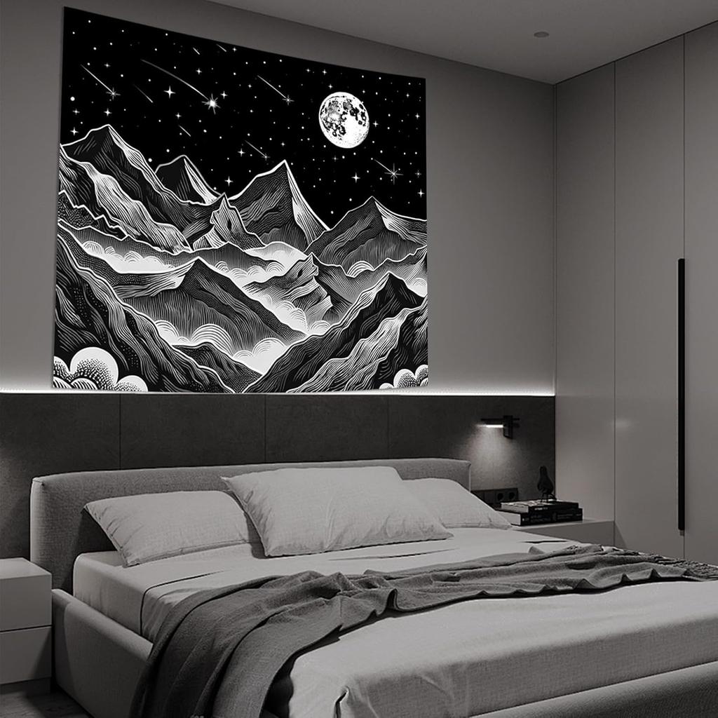 Black and White Tapestry Starry Night Mountain Tapestries for Bedroom Aesthetic Moon and Stars Tapastry's Wall Hanging Dark