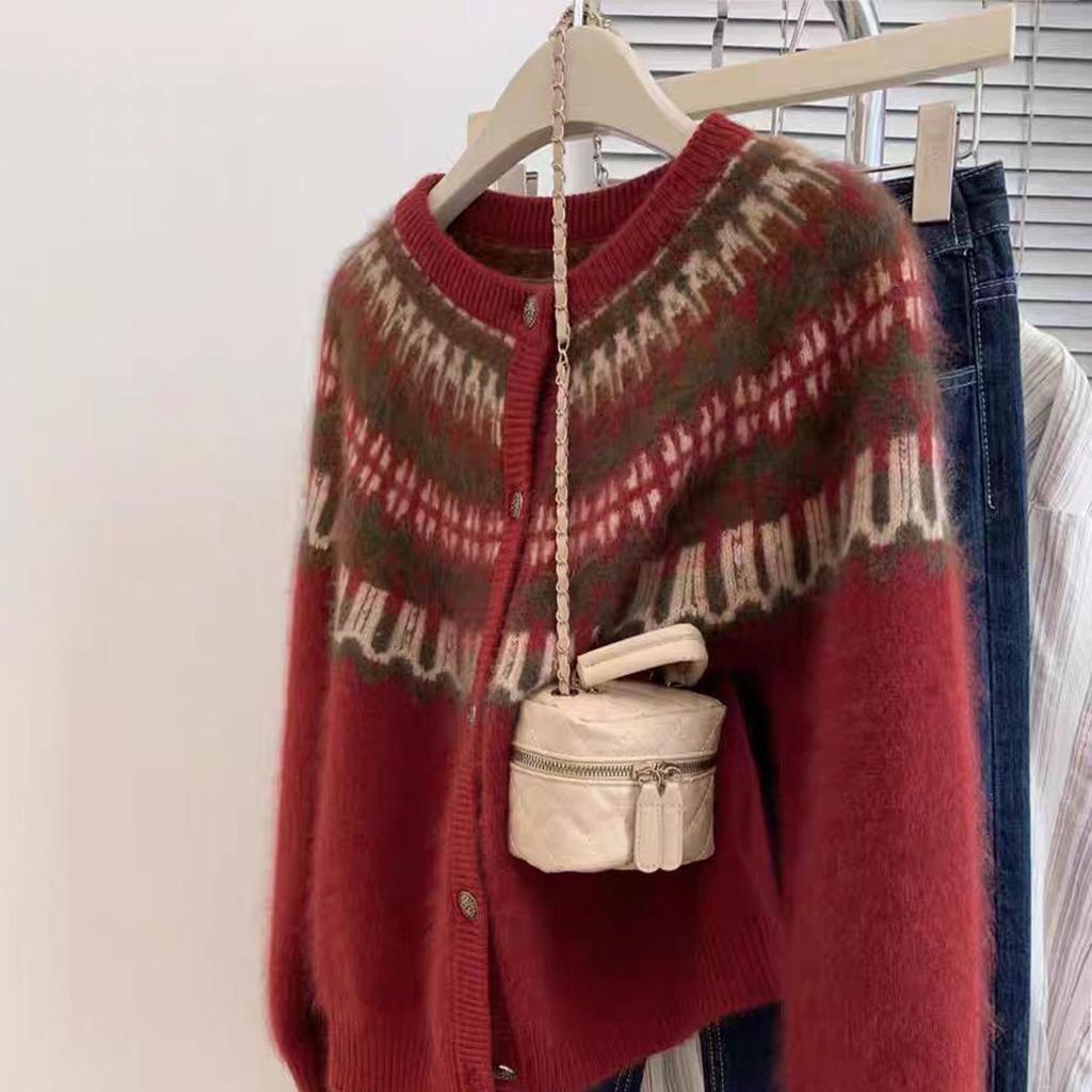 Women's Red Fair Isle New Year Knit Cardigan - Soft, Fluffy Luxury Sweater Coat for Autumn/Winter
