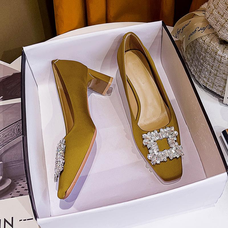 Temperament Square Head High Heels Women's New Middle Heel Women's Shoes Rhinestone Square Buckle Light Mouth Thick Heel Single Shoes