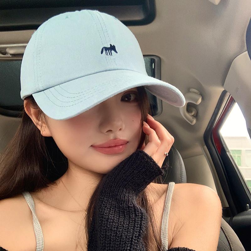 Fashion Womens Summer Blue Fox Embroidered Hat With Large Duckbill Brimmed
