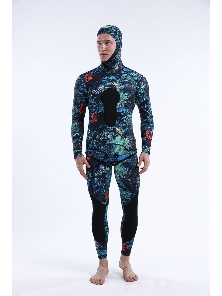 3MM Camo Neoprene Two-Piece Hooded Diving Wetsuit for Cold Protection