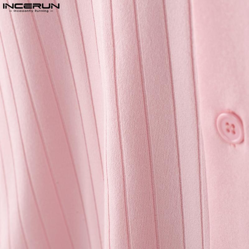 INCERUN Autumn Men Lapel Neck Long Sleeve Ribbed Casual Fitted Cropped Tops Undershirts