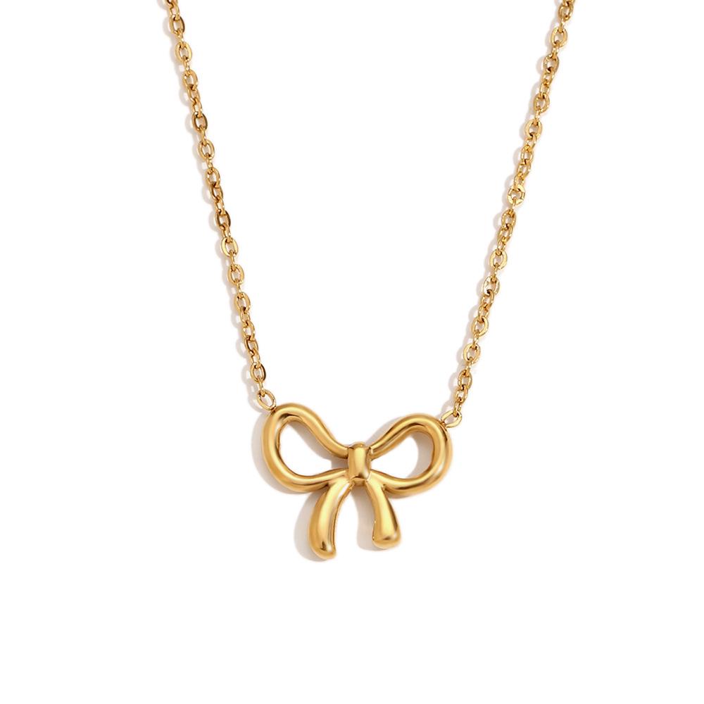 European-American Fashion: 18K Gold-Plated Stainless Steel Bow Necklace & Cute Stud Earrings for Women