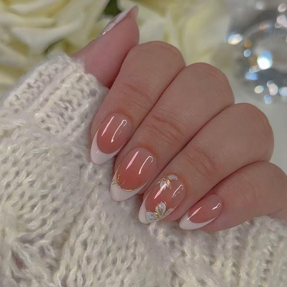 24pcs Long Almond False Nails French White Edge Aurora Butterfly Strawberry Press on Nails Starry Golden Ripple Detachable