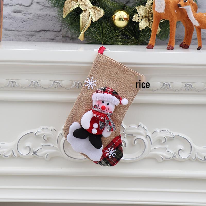 Sacchetto regalo calza di Natale media con decorazione di Babbo Natale e Pupazzo di Neve