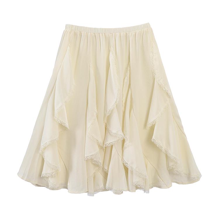 Fei Yuan Lace Trim Slimming Midi Skirt for Women - Versatile Early Spring Style 2026 M абрикосовый