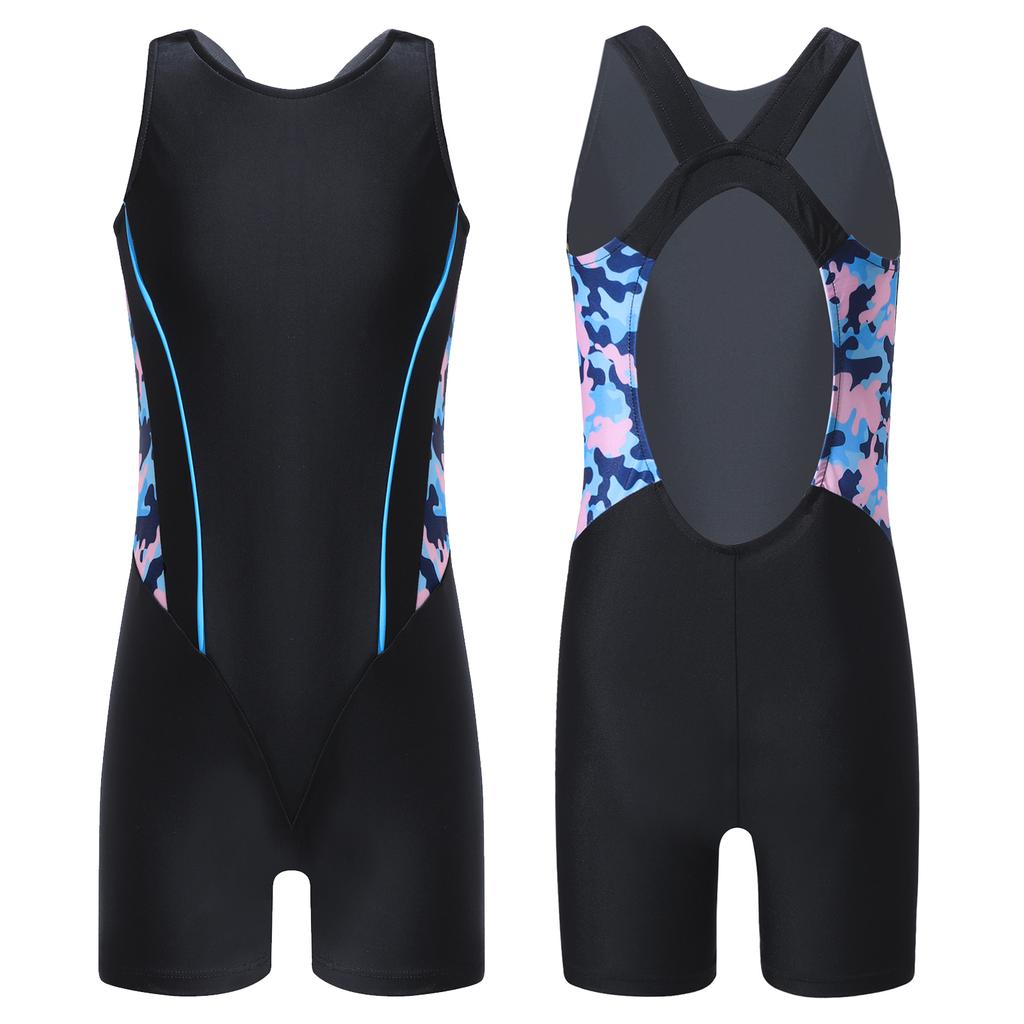 Kids Girls One-piece Swimwear Open Back Print Short Jumpsuit Bodysuit for Beach Pool Swimming Bathing