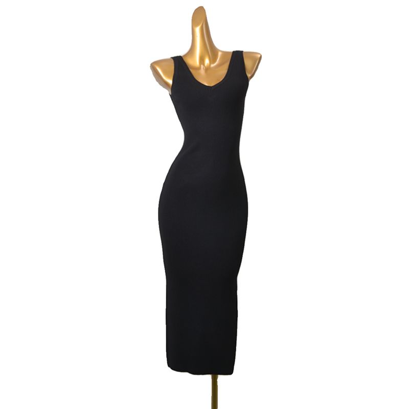 American Brand Double V Neck Knitting Long Dress Fashion Wind Black Basic Style Sunken Stripe Silm Base Export Dress