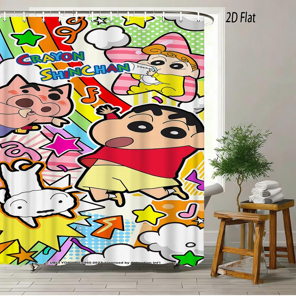 Crayon Shin-Chan & Shiro & Himawari Photo Collage Scene 2D Print Waterproof Shower Curtain, Warm Yellow Checkered With Star Acce