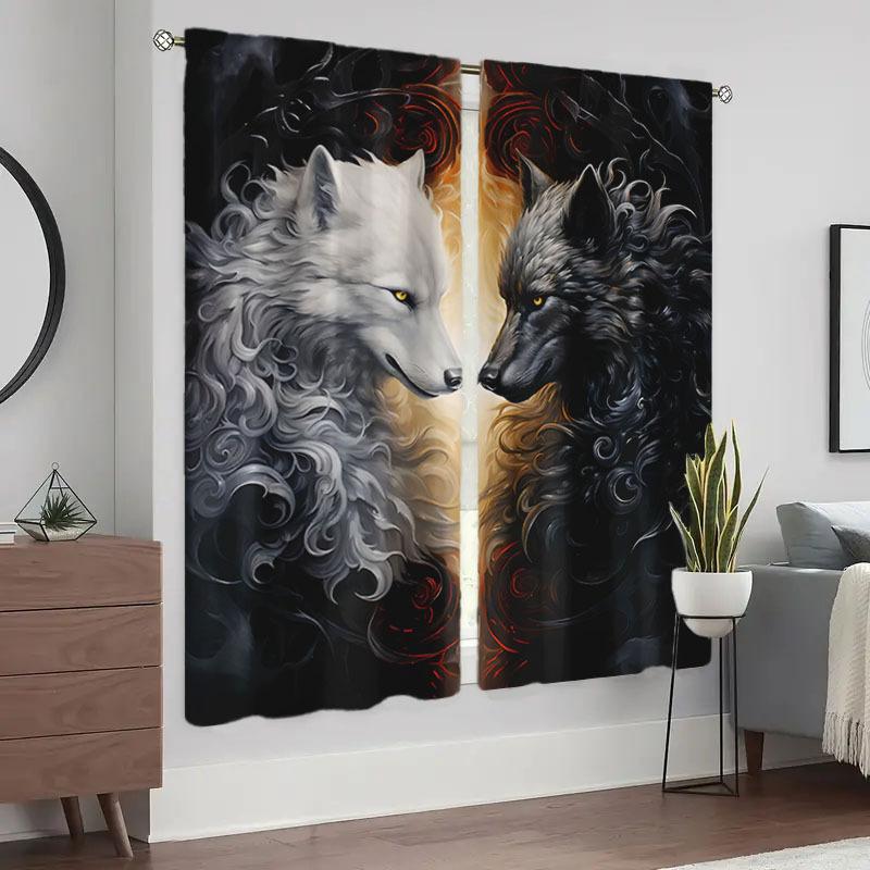 2 pieces of Black and white Wolf printed curtains, pole bag curtains 30*65, bedroom and living room, , home decoration