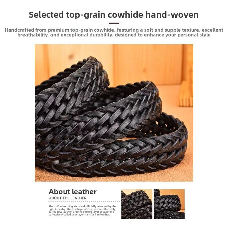 Meimeier Handmade woven leather belt - men's genuine top grain cowhide casual retro pin buckle belt