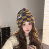 Checkerboard Plaid Knitted Hat for Women In Autumn and Winter Korean Style Niche Big Head Wool Hat Japanese Face Showing Small Christmas Hat