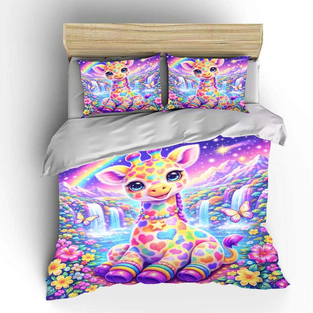 Rainbow waterfall and colorful giraffe Print Bedding Set 1 Duvet Cover 2Pillowcases for Adult and Children Luxury Gift Full Size