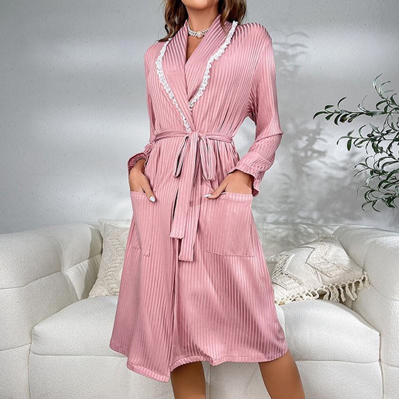 Long Striped Bathrobe V Neck Loungewear Young Women