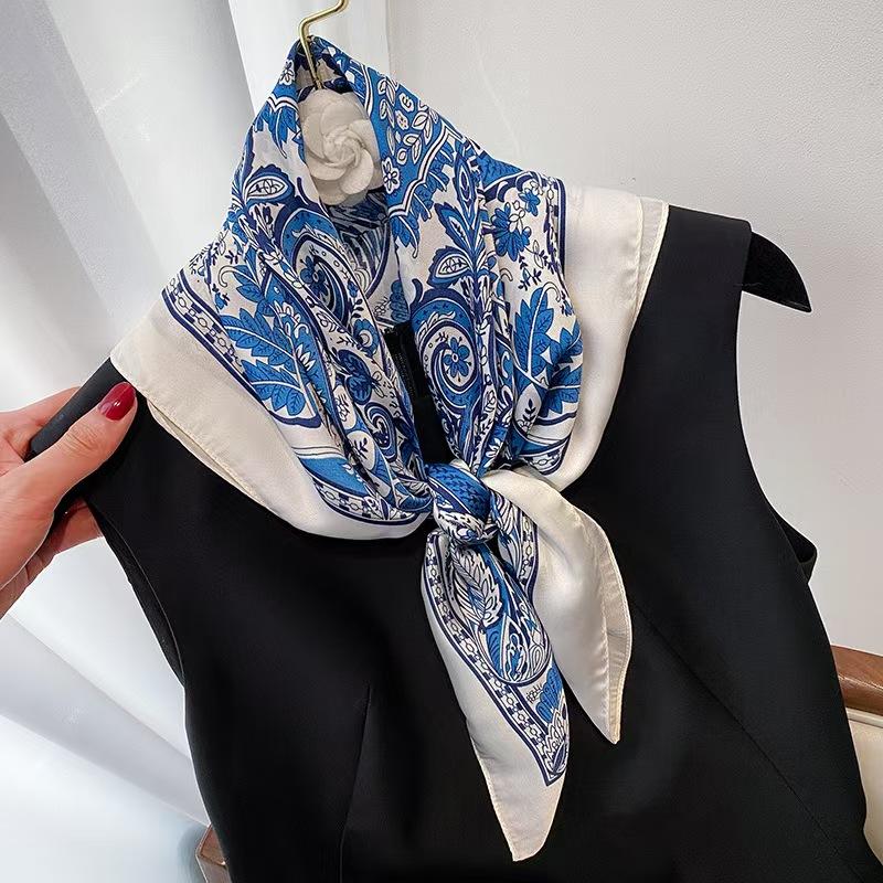 Elegant Blue Paisley Design Satin Ladies Scarf, Luxurious Imitation Silk for Women, Perfect As Neckwear, Headband or Bag Decor