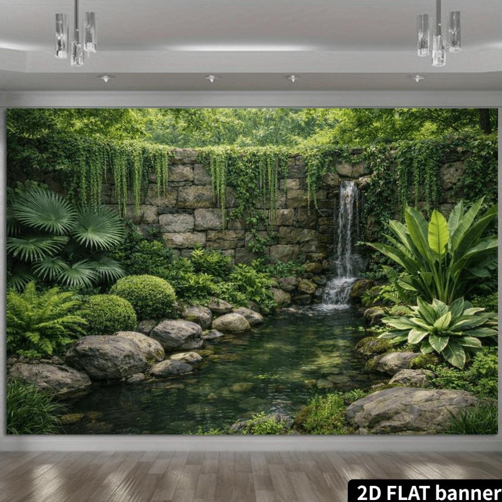 2D plane 1 piece of Zen-style garden waterfall background fabric - stone wall waterfall and green plant pattern