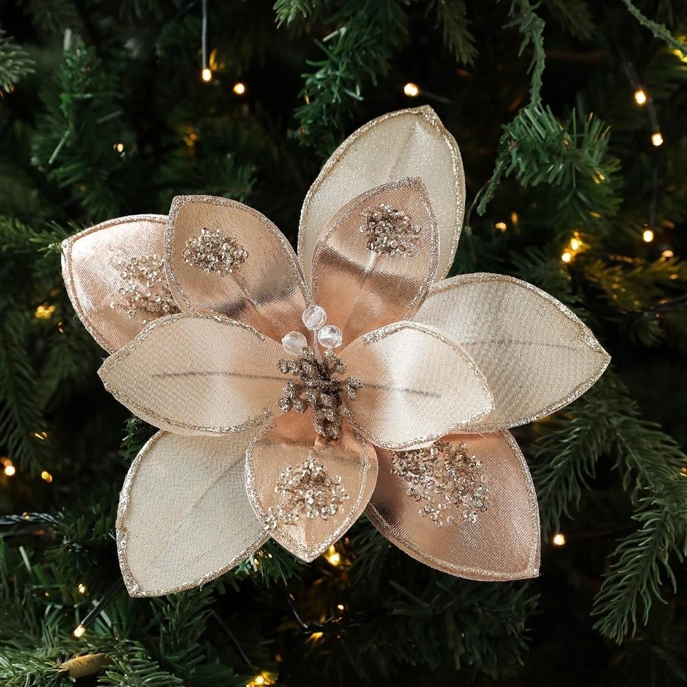 Sparkling Artificial Poinsettia Flower Pick Sequins Christmas Tree Floral Spray Wedding Party