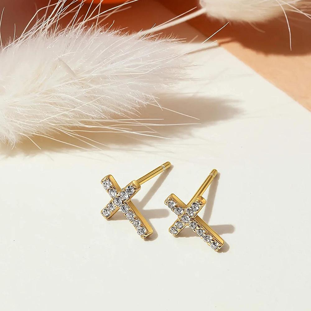 Stylish 6MM Stainless Steel Zircon Cross Earrings