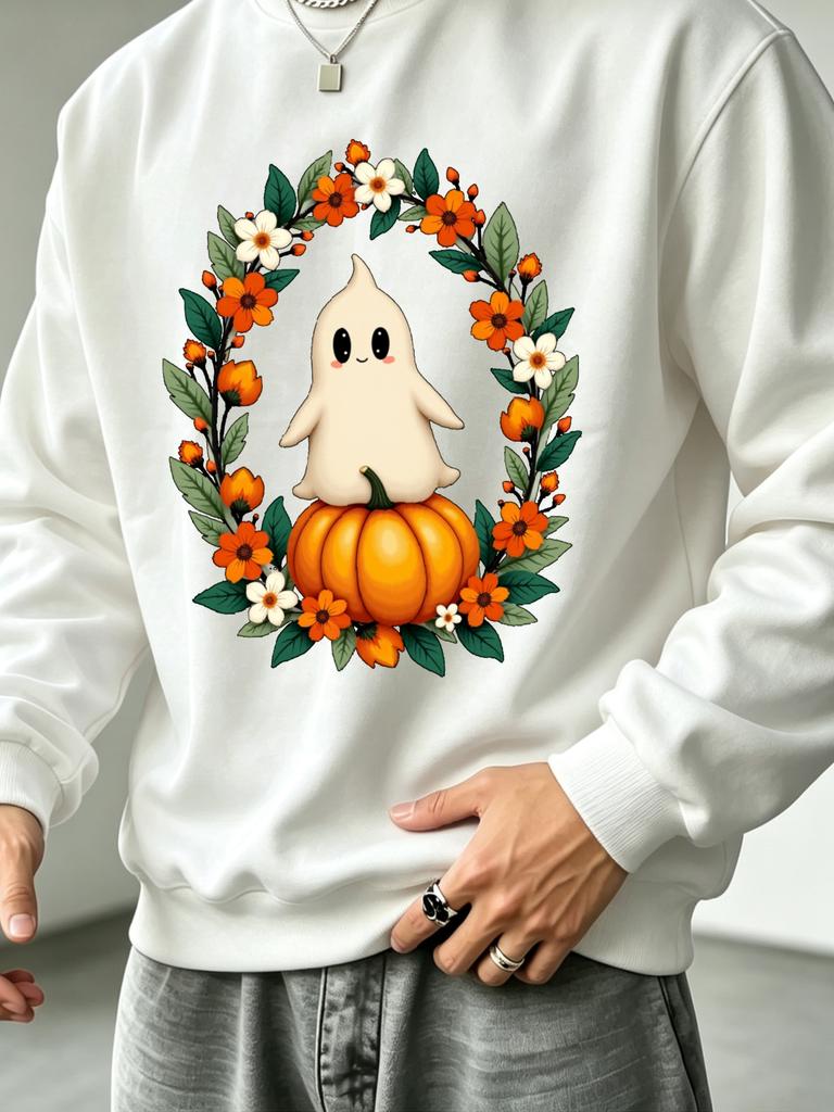 Men's Graphic Print Crew Neck Sweatshirt, Cute Aesthetic Streetwear Pattern,Casual Outdoor Apparel 100% Cotton Printed Long-Sleeve Crew Neck Pullover