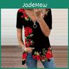 Top Summer Womens New Fashion Multicolored Rose Printed Casual Zipper Vneck Short Sleeve Top