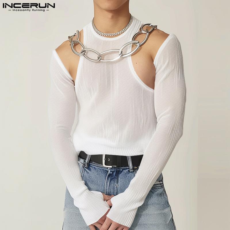 

INCERUN Men Cutout Long-sleeved T-shirts See Through Fitted Tops