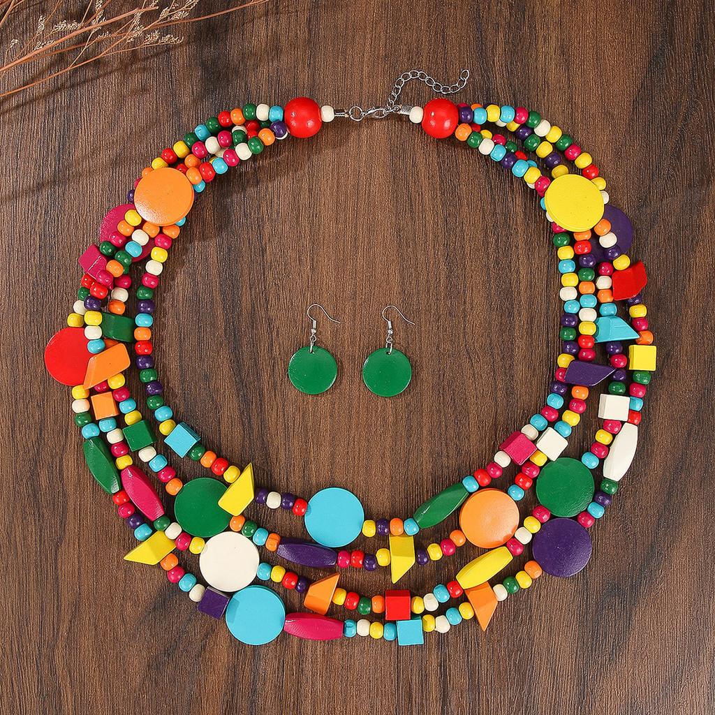 Collana multistrato colorata in legno con perline bohémien per donna