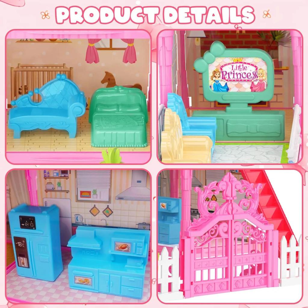 Casa de Bonecas Luminosa Dreamhouse para Meninas Conjunto de Casa de Brincar de Princesa com Bonecas Móveis Acessórios Brincadeira de Faz de Conta Presentes de Aniversário