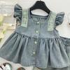 Girls Summer Denim Two Piece Set Hollow Out Bow Top And Shorts Stylish Fashionable Kids Clothing Outfit