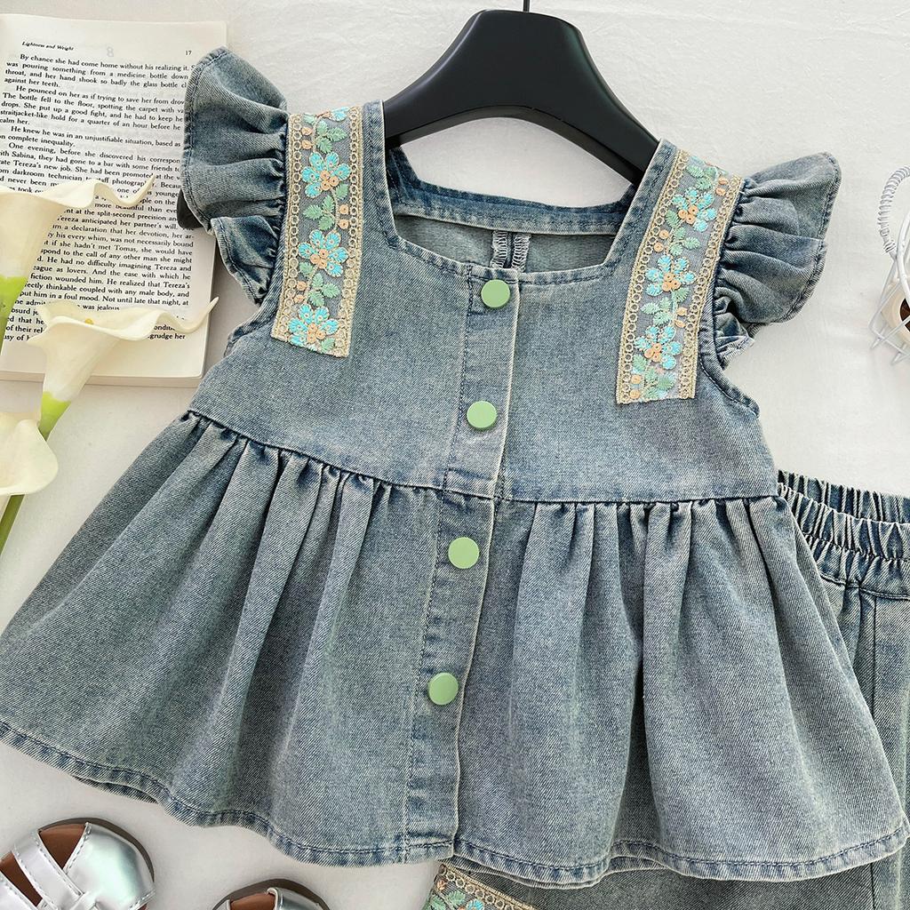 Girls Summer Denim Two Piece Set Hollow Out Bow Top And Shorts Stylish Fashionable Kids Clothing Outfit