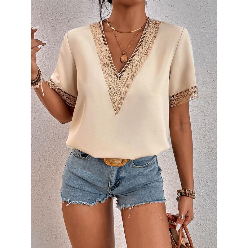 YYFS Women's Fashion Casual Summer Spring Solid Color Print Short Sleeve V-Neck Blouses & Shirts