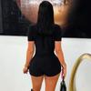 D25RP581 Solid Color Slim Fit Sexy Deep V Drape Neck Short Sleeve Jumpsuit Shorts
