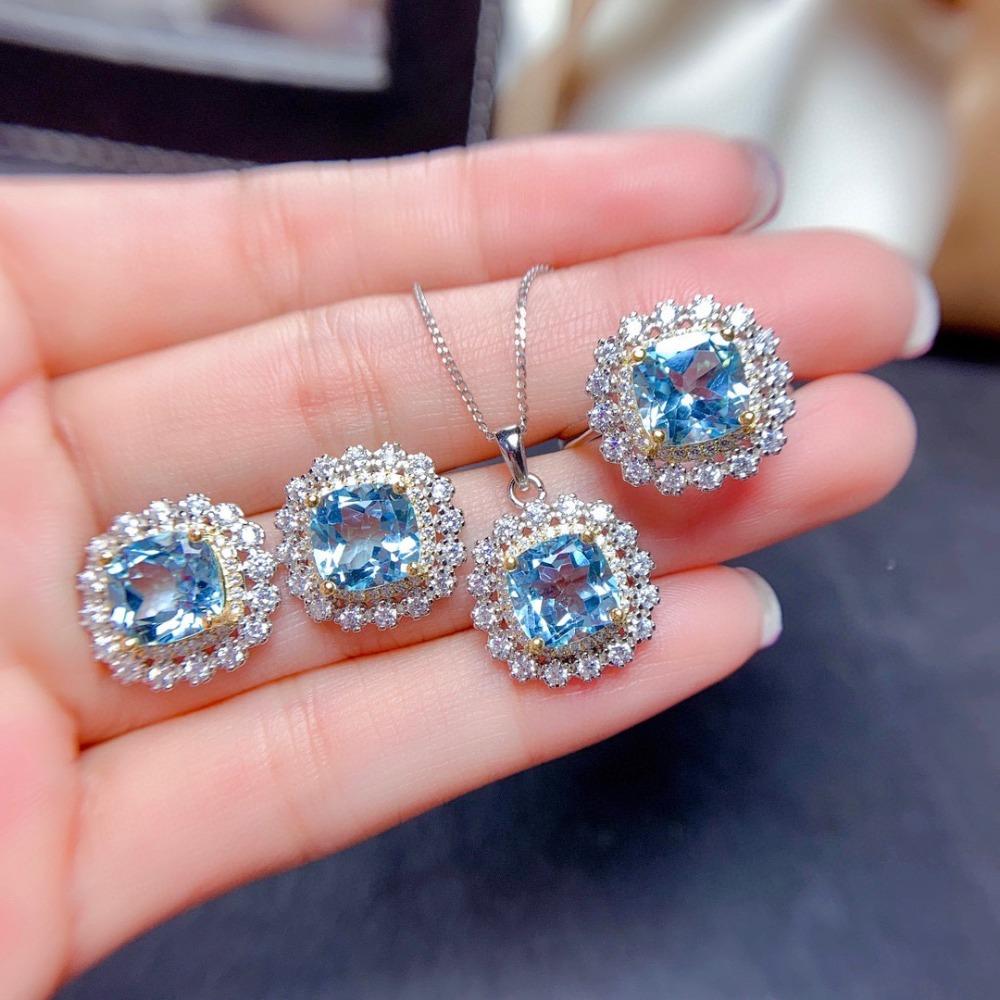 Imitation Natural Crystal Jewelry Set Women Sky Blue Topaz Necklace Ring Earrings Pendant