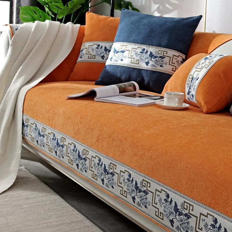 Chinese Style Chenille Sofa Cover Four Seasonal Universal Solid Wood Sofa Seat Cushion Solid Color Anti Slip Couch Cushion Cover