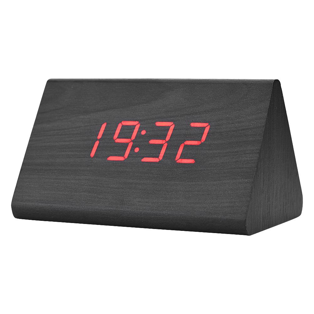 Wooden Electronic Digital Alarm Clock LED Display Temperature Time Voice Control Black Wood