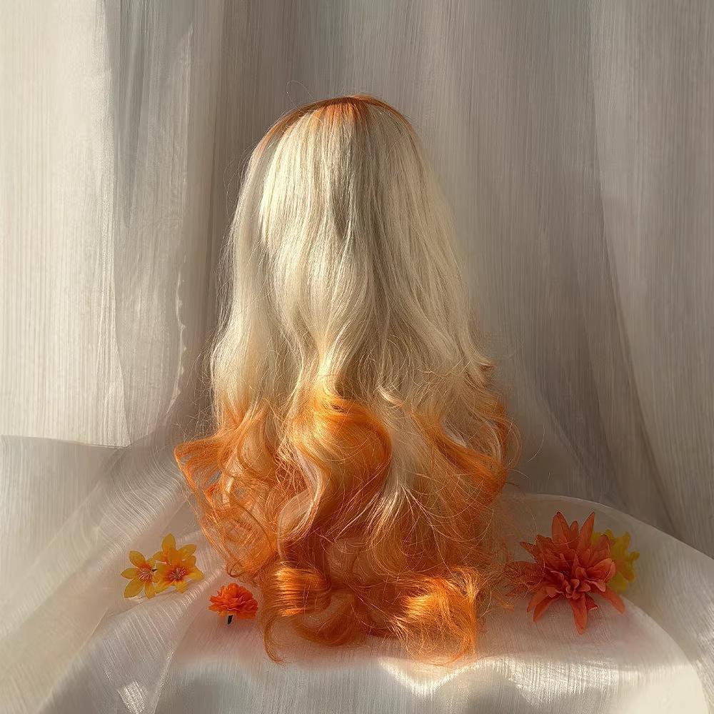 Herbst-Sonnenuntergang Perücke, Weiß zu Orange Farbverlauf Lange Lockige Perücke, Welle Volle Perücke, Lolita Cosplay Kostüm Perücke, Hitzebeständige Synthetikhaar-Perücke für Damen